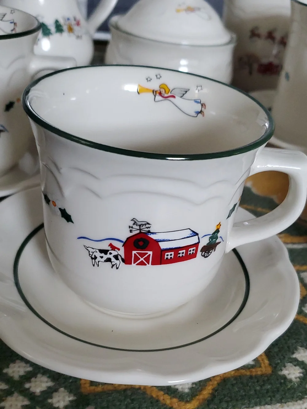 Vintage Pfaltzgraff Festive Winter Scene Set - White with Red & Green.